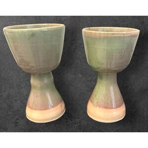 Vintage Pair of Handmade Studio Pottery Goblets Green & Pink Drip Glaze Unsigned